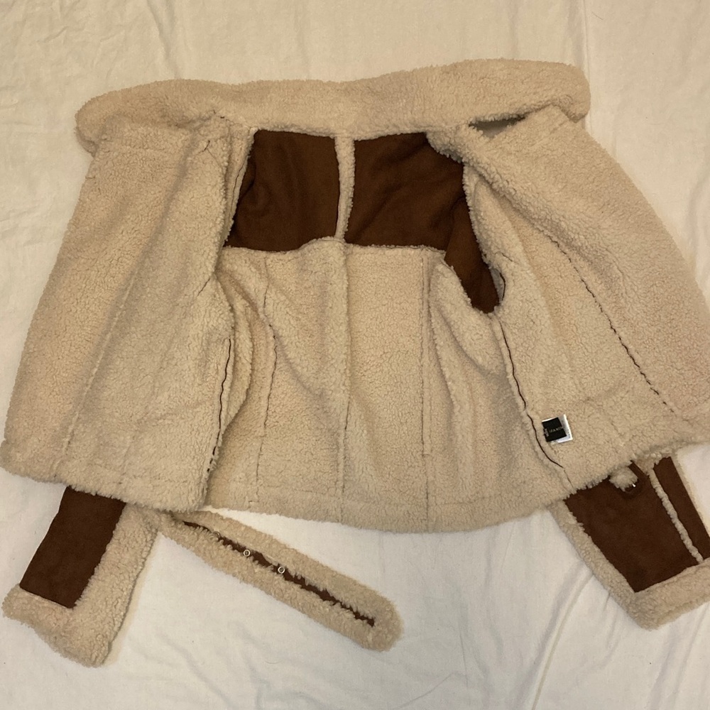 Brown Faux Shearling Biker Jacket with Cream Trim - Picture 7 of 14